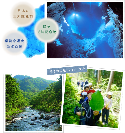 日本の三大鍾乳洞／国の天然記念物／環境庁選定名水百選／湧き水の里・いわいずみ
